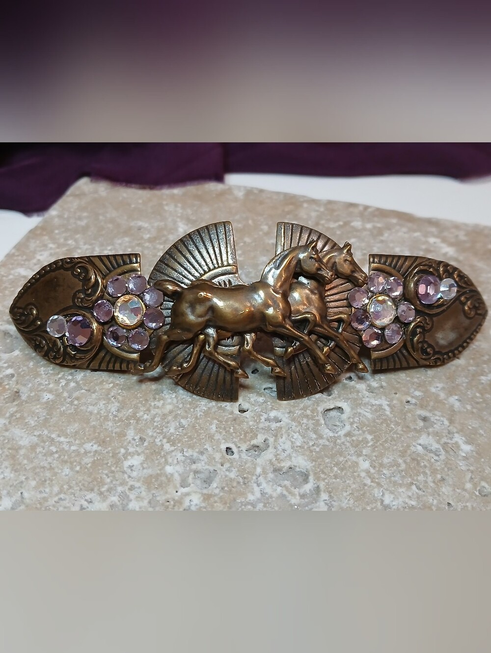 Vintage Antique Brass Plated Barrette Horse & Hearts Themed Bling Rhinestones